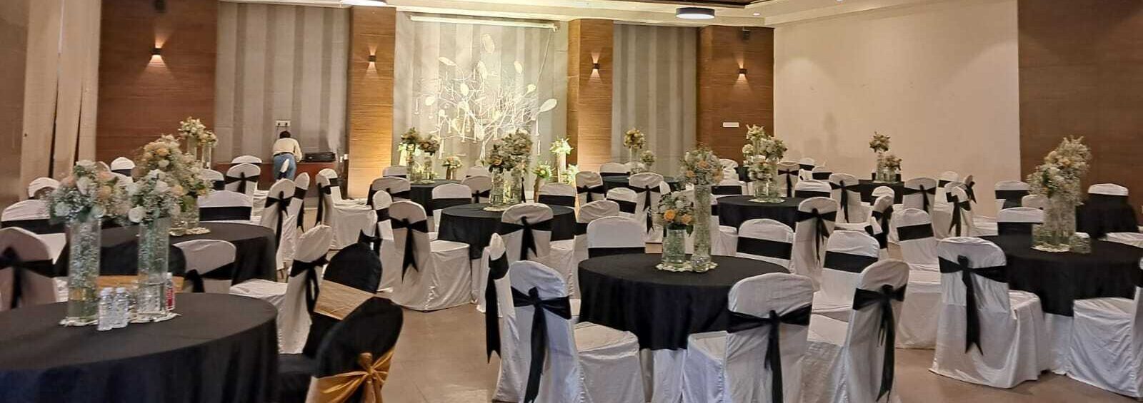 Dining seating laid out for a group meal.