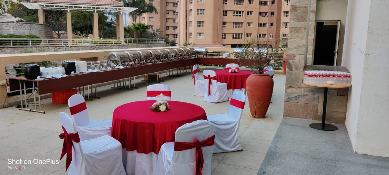 Terrace seating at dusk.