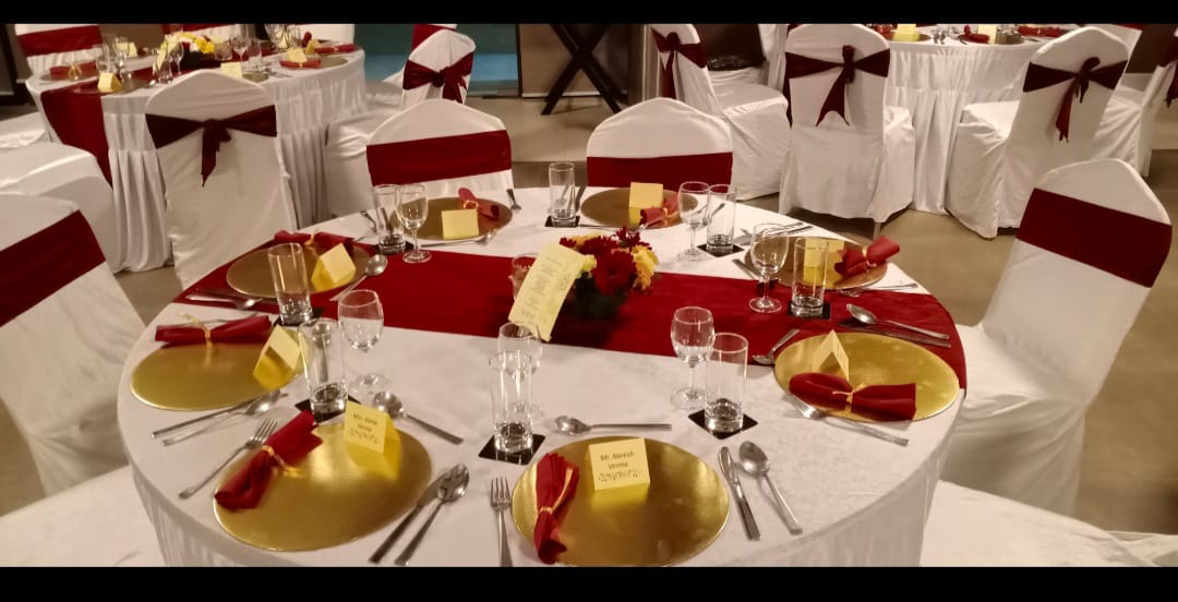 Buffet counter set for service.